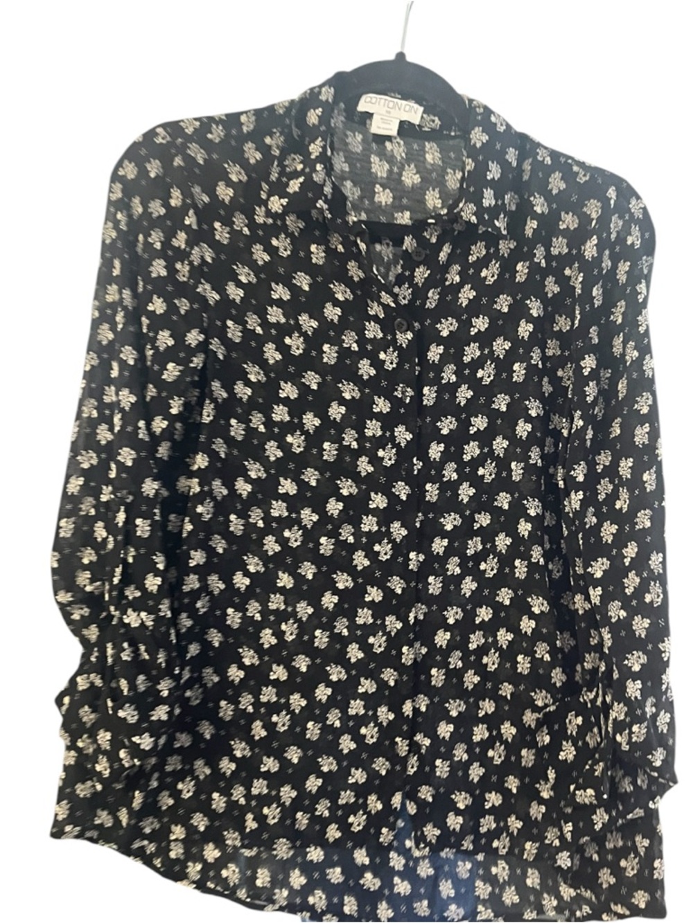 Cotton On Black Button-Down Blouse with White Floral Print
